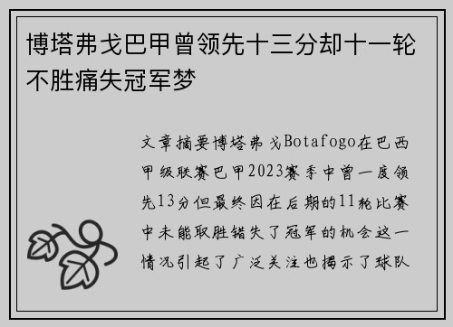博塔弗戈巴甲曾领先十三分却十一轮不胜痛失冠军梦