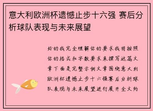 意大利欧洲杯遗憾止步十六强 赛后分析球队表现与未来展望